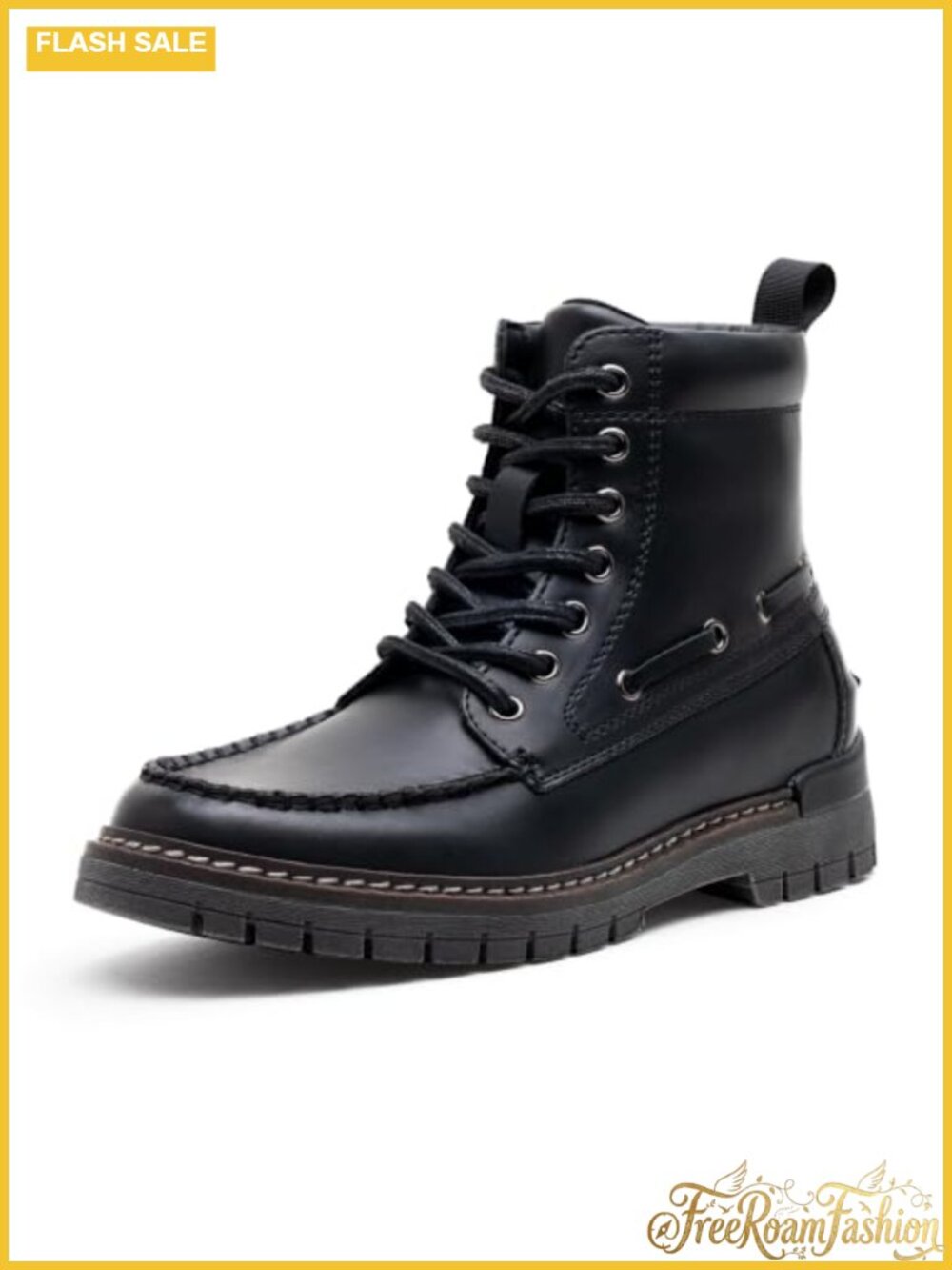 Faux Leather Moc Toe Ankle Combat Boots Lace Up Low Block Heel Booties